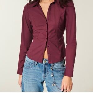 Hollister NWT Deep Red Button-Through Poplin Top